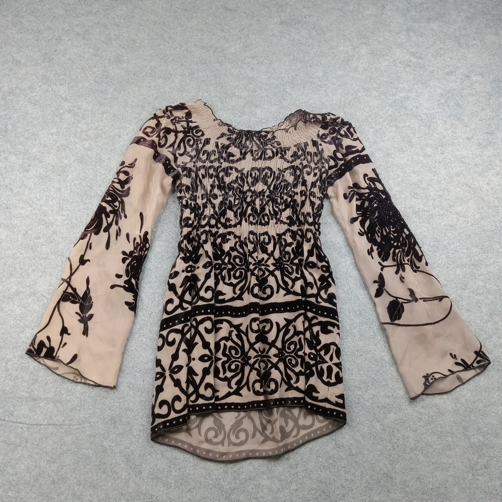 Hale‎ Bob Blouse Womens XS Beige Floral Bell Sleeve Tunic Sheer Silk Boho Top